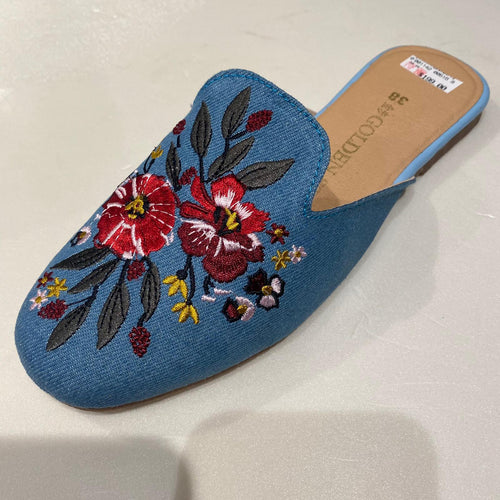 Golden Step Ladies Embroidery Slippers (Light Blue)