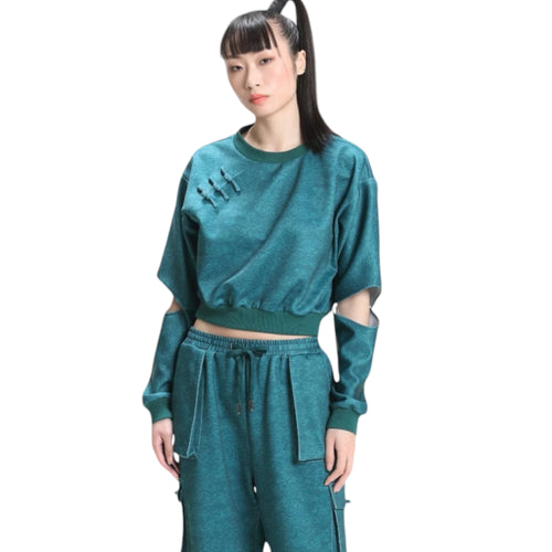 Aqua Cutout Sleeve Cropped Top