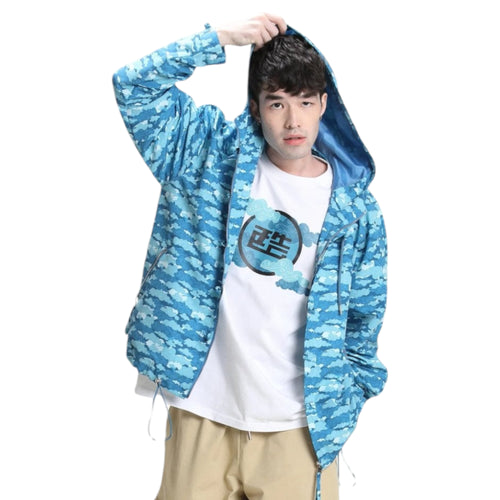 01a.Blue Printed Hooded Jacket