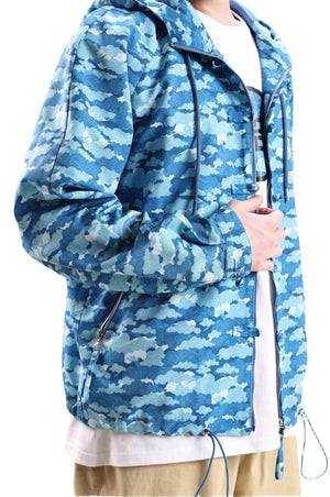 Blue Printed Hooded Jacket