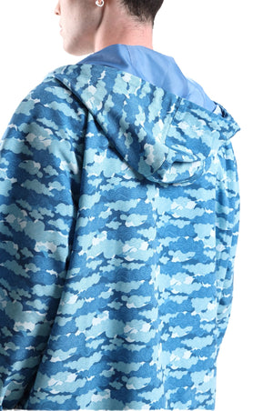 Blue Printed Hooded Jacket