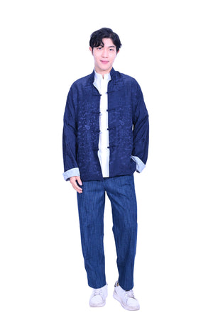 Mandarin Square Silk Reversible Jacket Grey/Navy