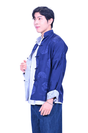 Mandarin Square Silk Revisible Tang Jacket Grey/Navy